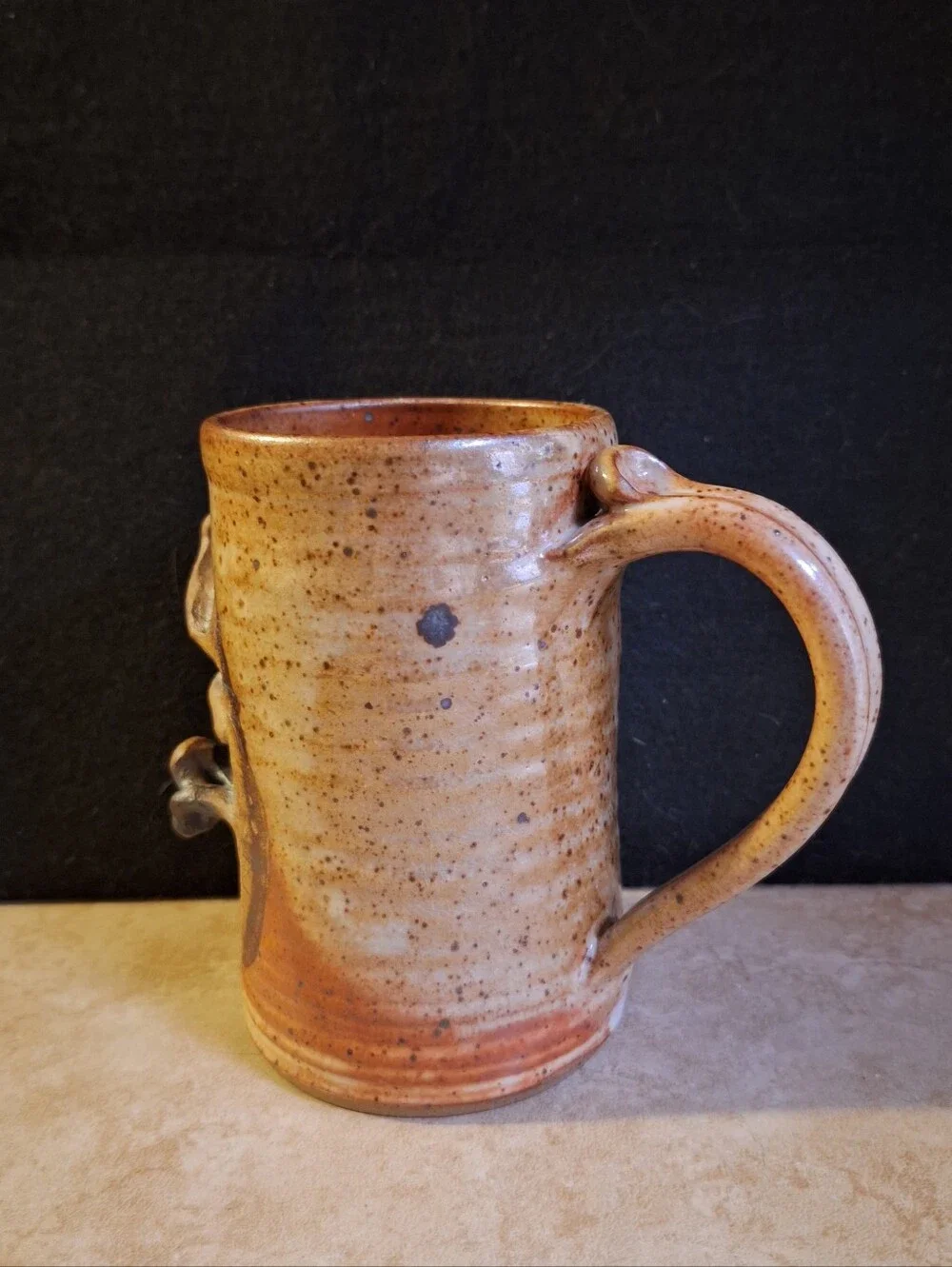 Signed Vintage Goofy Face Mug Handmade Pottery Stoneware Brown Glaze Ceramic